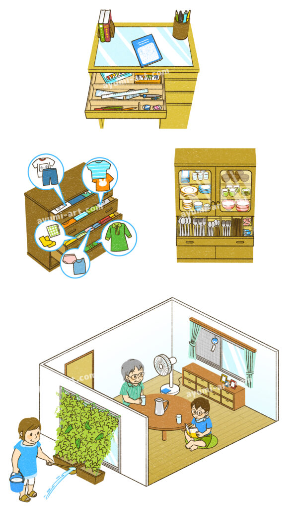 家具のイラストと、部屋を斜め上から見たアイソメ図