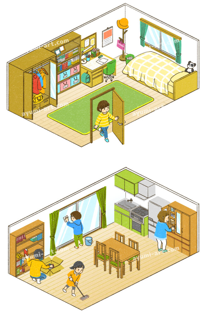 部屋を斜め上から見たアイソメ図